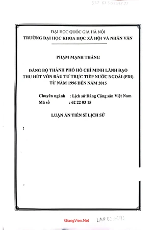 Ảnh bìa của Đảng bộ thành phố Hồ Chí Minh lãnh đạo thu hút vốn đầu tư nước ngoài (FDI) từ năm 1996 đến 2015