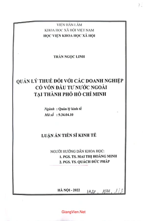 Ảnh bìa của Quản lý thuế đối với các doanh nghiệp có vốn đầu tư nước ngoài tại thành phố Hồ Chí Minh