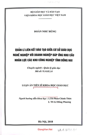 Ảnh bìa của Luận án Quản lý liên kết đào tạo giữa cơ sở giáo dục nghề nghiệp với doanh nghiệp đáp ứng nhu cầu nhân lực các khu công nhiệp tỉnh Đồ
