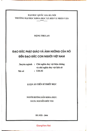 Đạo đức Phật giáo và ảnh hưởng của nó đến đạo đức con người Việt Nam - Luận án tiến sĩ triết học - 2004