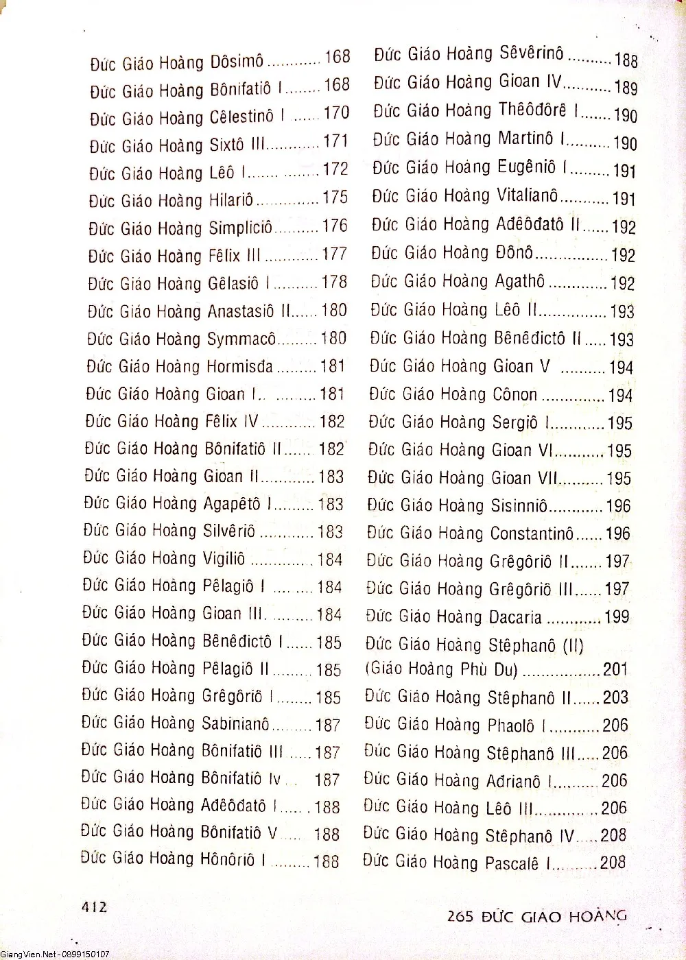 Mục lục chi tiết trang 2 sách 265 Đức Giáo hoàng