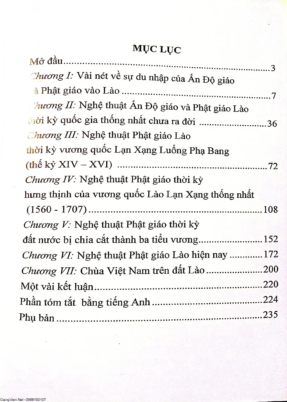 Mục lục chi tiết trang 1 sách Nghệ thuật Ấn Độ giáo và Phật giáo ở Lào