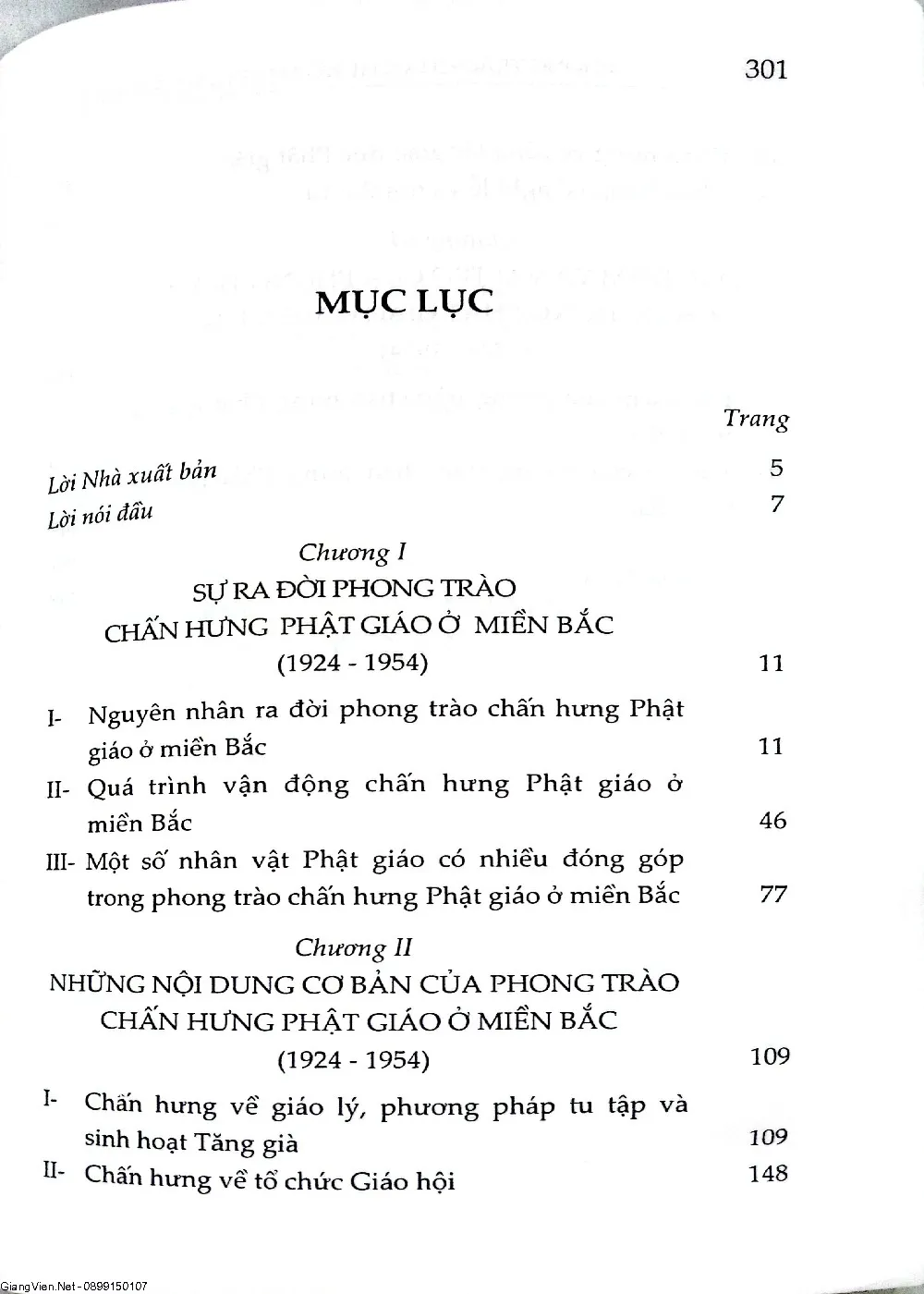 Mục lục chi tiết trang 1 sách Phong trào chấn hưng Phật giáo ở Miền Bắc Việt Nam 1924 - 1954