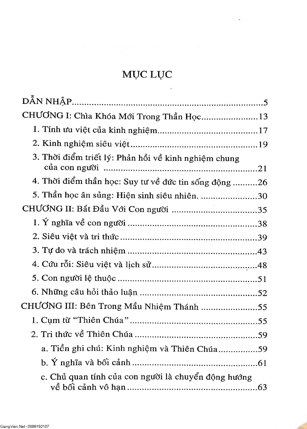 Mục lục chi tiết trang 1 sách Thần học: Karl Rahner