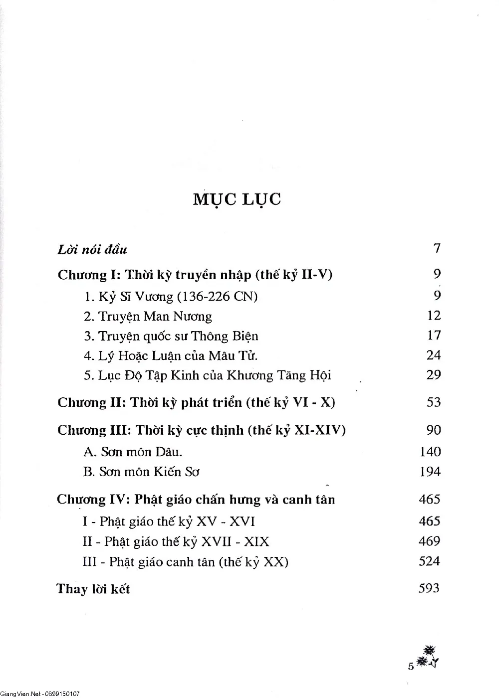Mục lục chi tiết trang 1 sách Lịch sử đạo phật Việt Nam