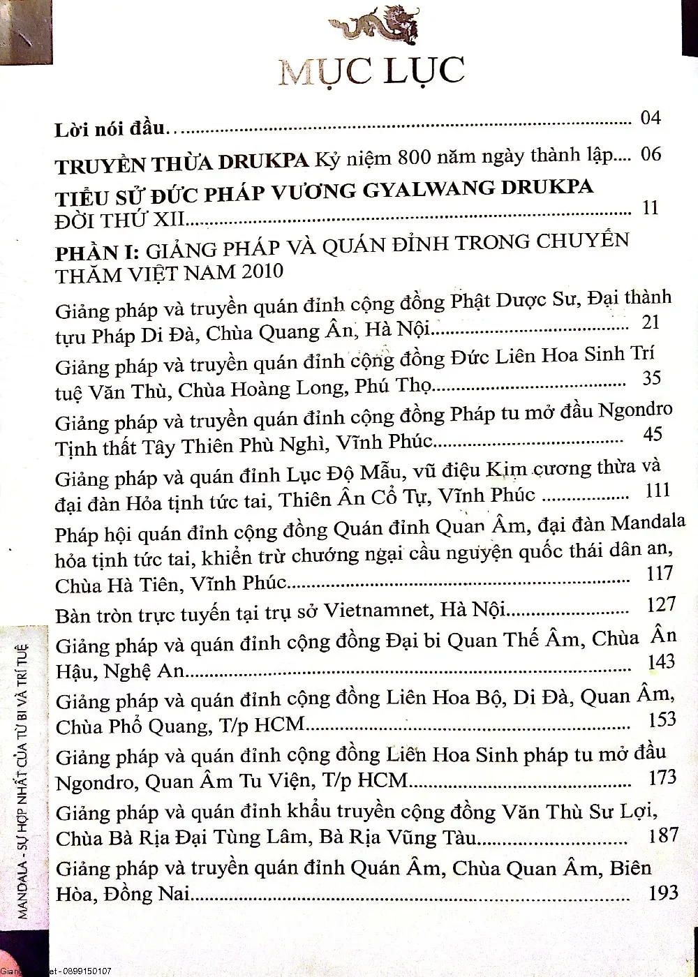 Mục lục chi tiết trang 1 sách Mandala sự hợp nhất của từ bi và trí tuệ theo quan kiến Kim Cương thừa