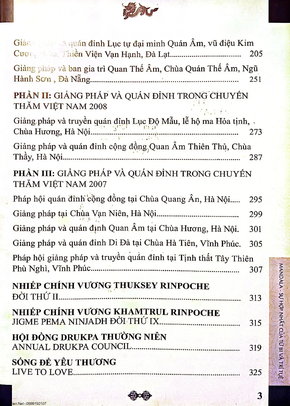 Mục lục chi tiết trang 2 sách Mandala sự hợp nhất của từ bi và trí tuệ theo quan kiến Kim Cương thừa