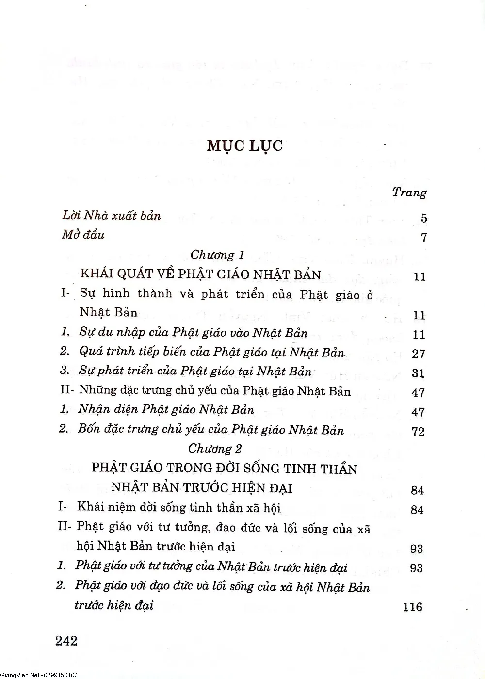 Mục lục chi tiết trang 1 sách Ảnh hưởng của Phật giáo đối với đời sống tinh thần ở xã hội Nhật Bản