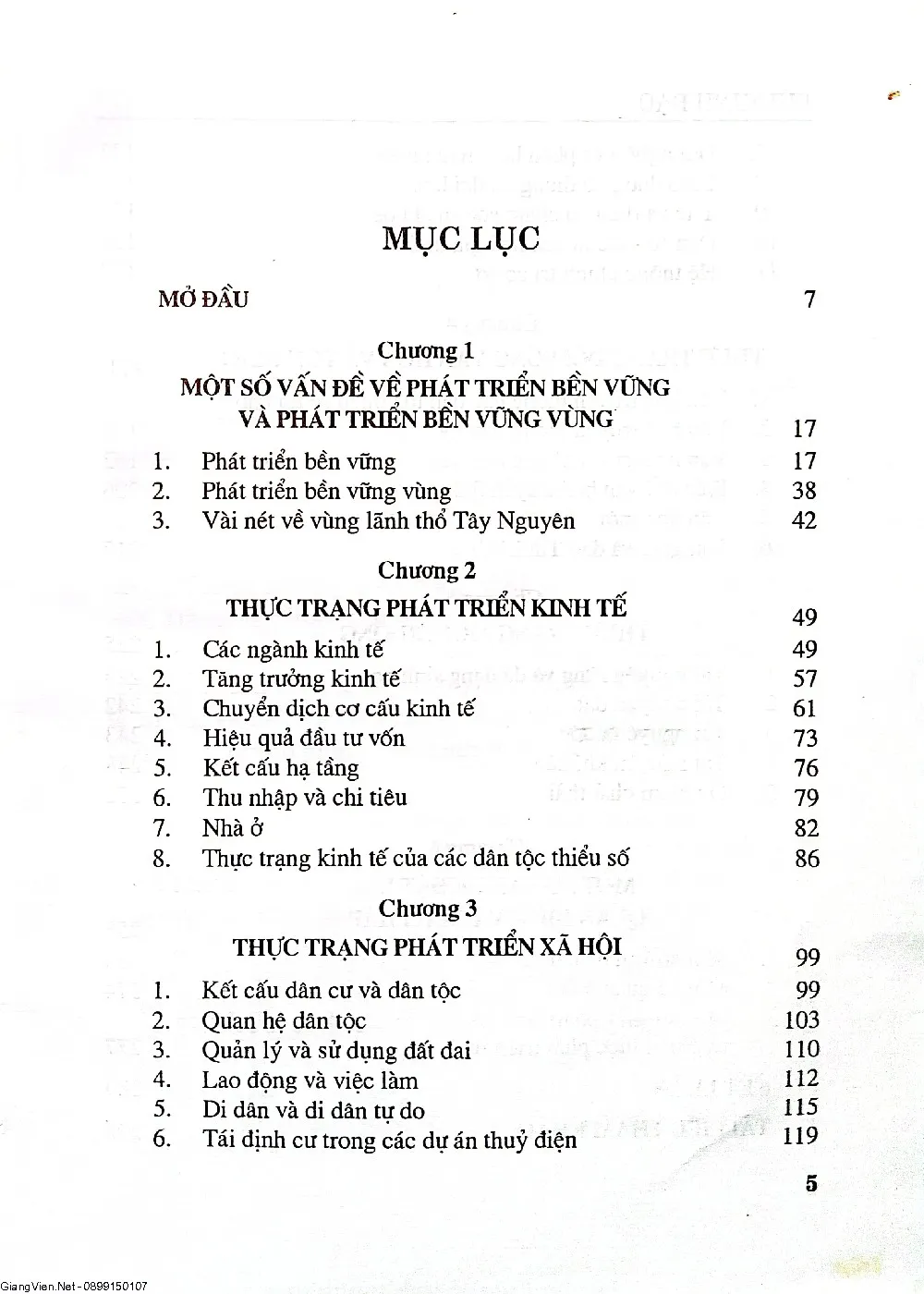 Mục lục chi tiết trang 1 sách Thực trạng phát triển Tây Nguyên và một số vấn đề phát triển bền vững