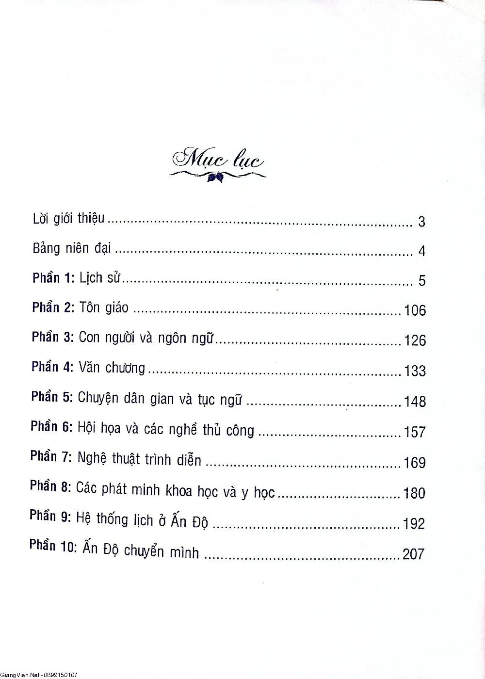 Mục lục chi tiết trang 1 sách 5000 năm lịch sử văn hóa Ấn Độ