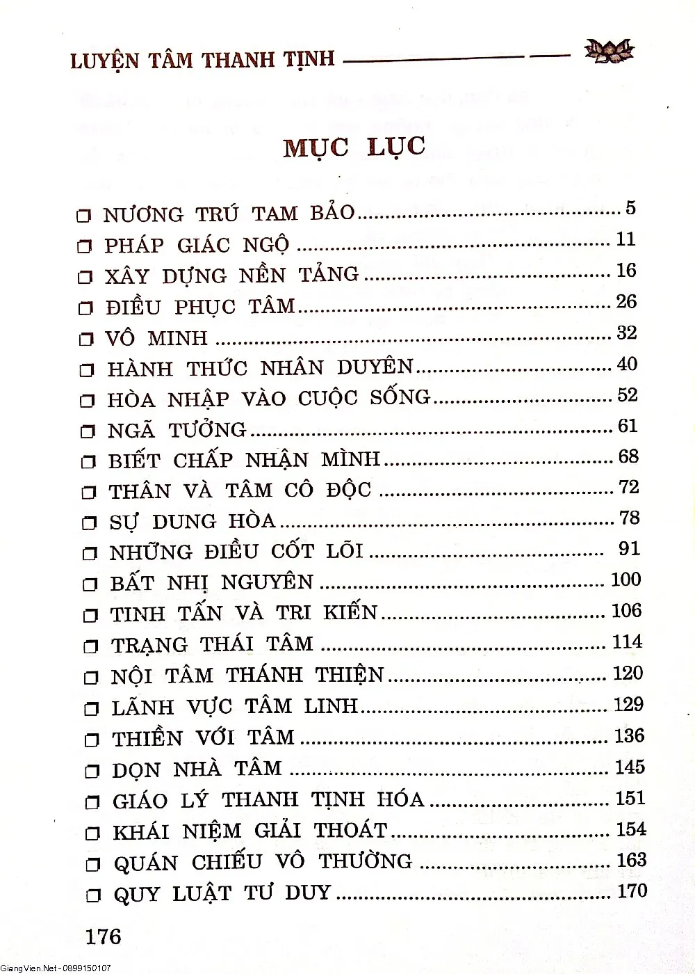 Mục lục chi tiết trang 1 sách Luyện tâm thanh tịnh