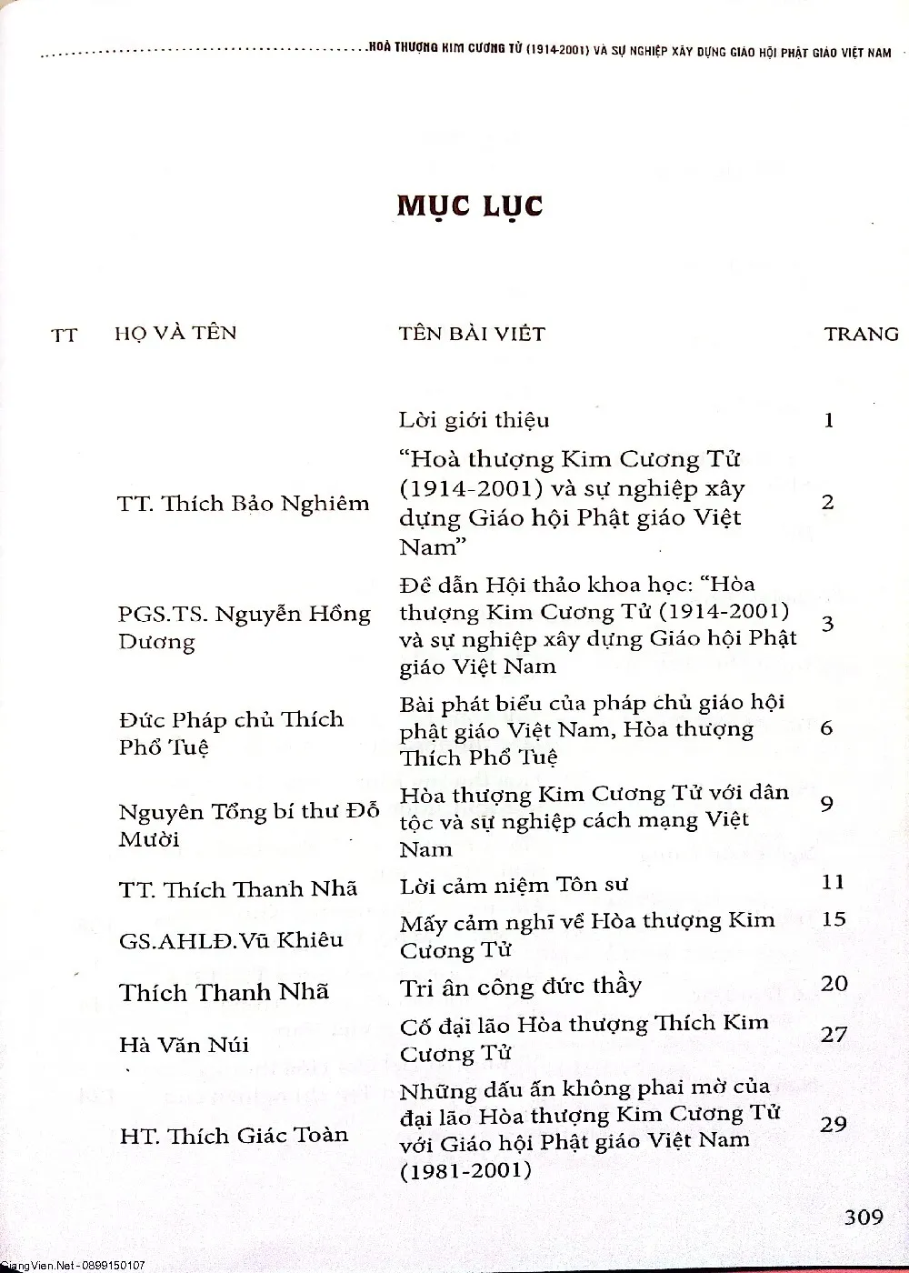 Mục lục chi tiết trang 1 sách Hòa thượng Kim Cương Tử (1914 - 2001) và sự nghiệp xây dựng Giáo hội Phật giáo Việt Nam