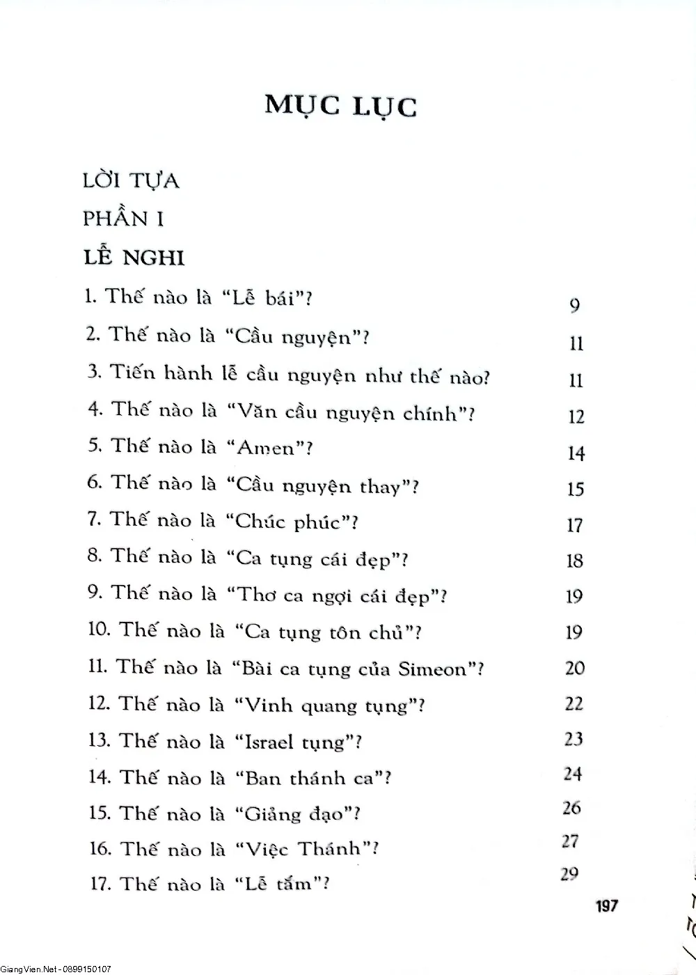 Mục lục chi tiết trang 1 sách Lễ nghi (tủ hỏi đáp về đạo Cơ đốc)