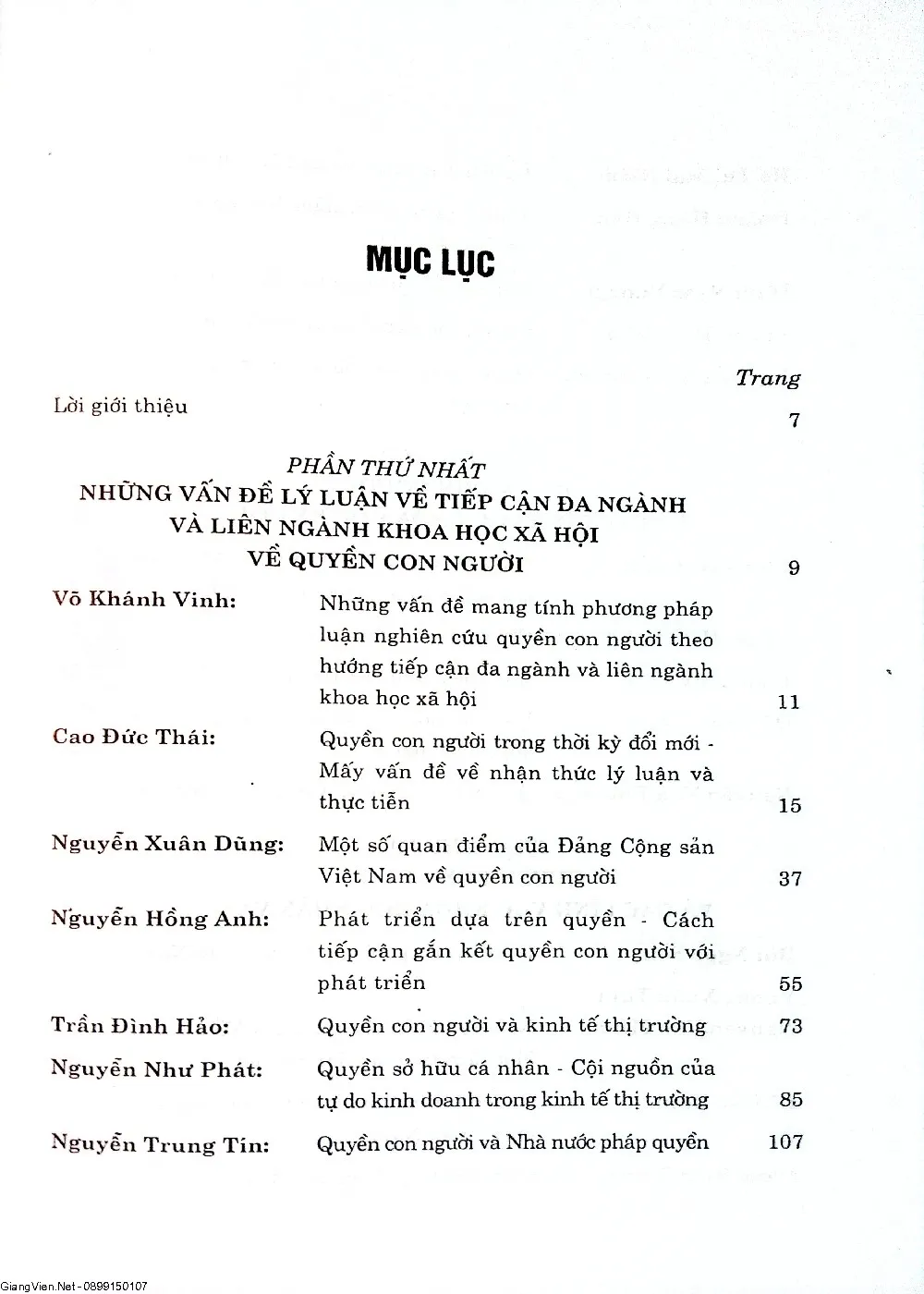 Mục lục chi tiết trang 1 sách Quyền con người tiếp cận đa ngành và liên ngành khoa học xã hội