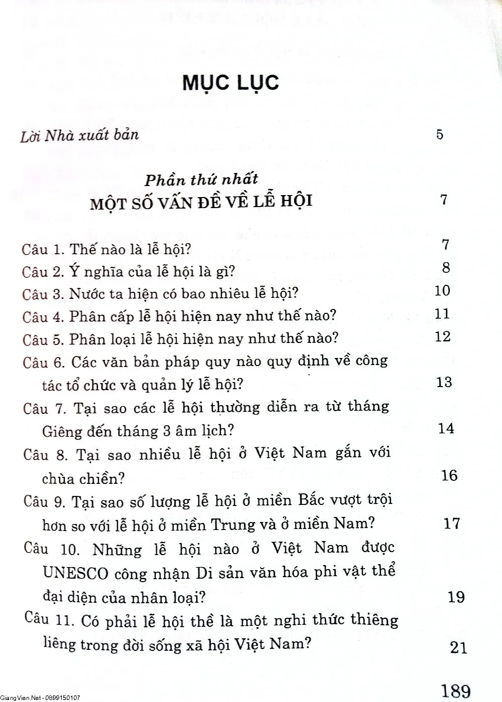 Mục lục chi tiết trang 1 sách Hỏi - đáp về lễ hội truyền thống Việt Nam
