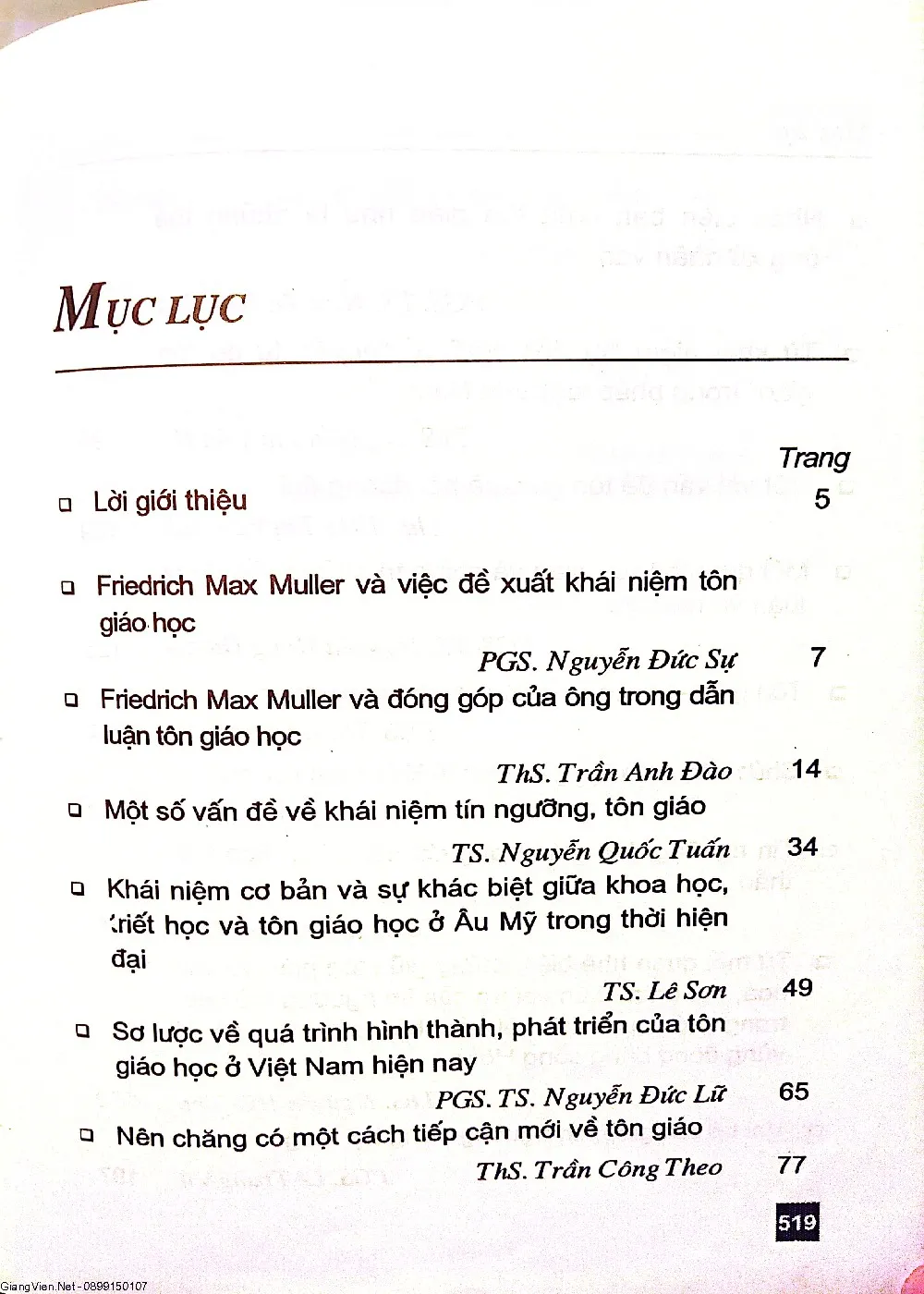 Mục lục chi tiết trang 1 sách Mấy vấn đề về tôn giáo học và giảng dạy tôn giáo học