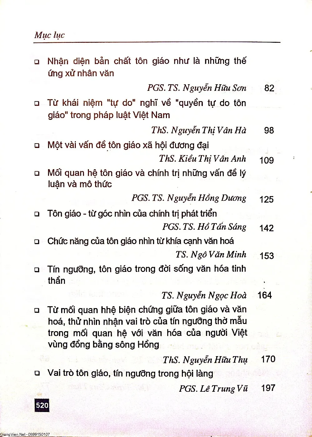 Mục lục chi tiết trang 2 sách Mấy vấn đề về tôn giáo học và giảng dạy tôn giáo học