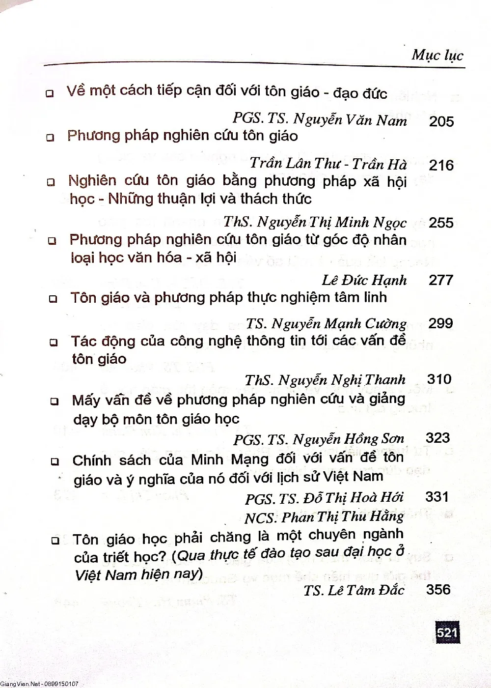 Mục lục chi tiết trang 3 sách Mấy vấn đề về tôn giáo học và giảng dạy tôn giáo học