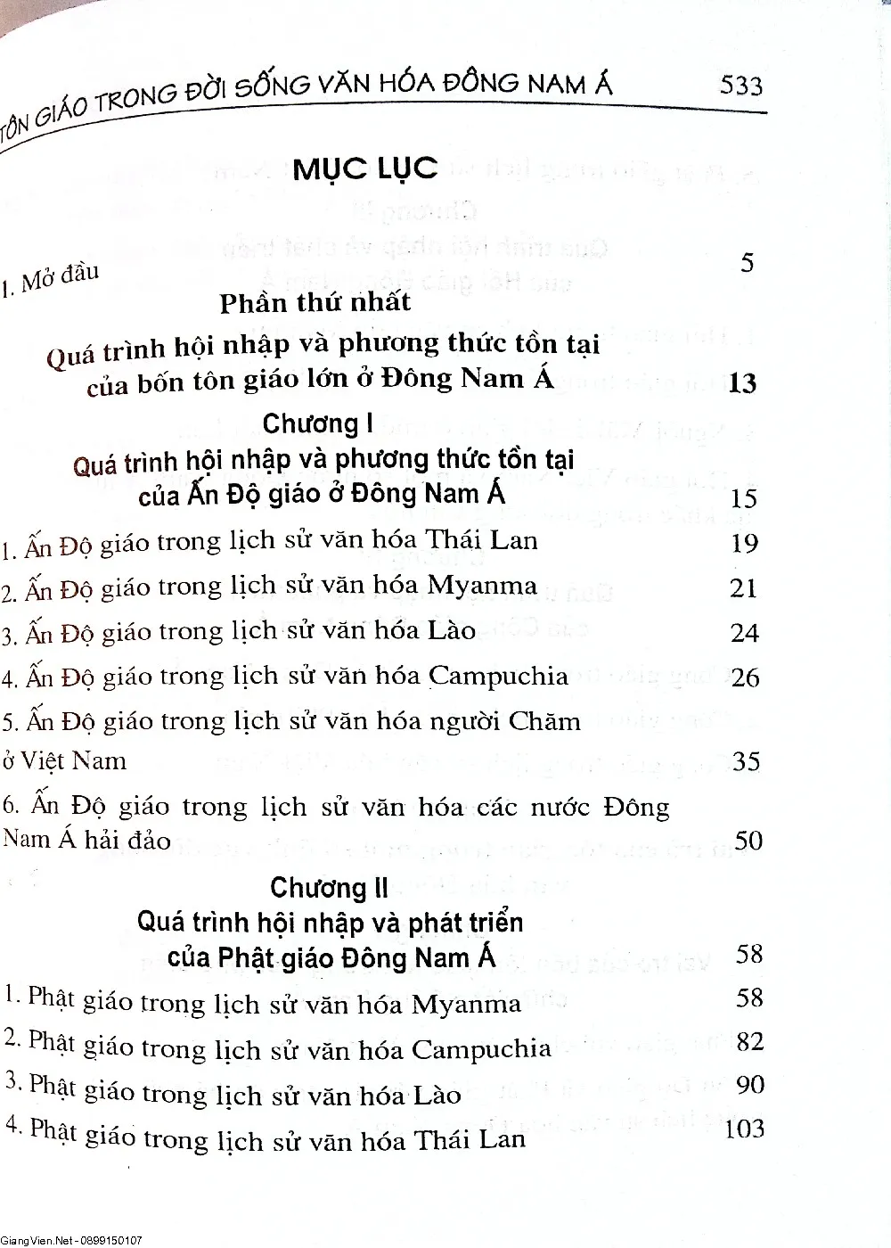 Mục lục chi tiết trang 1 sách Tôn giáo trong đời sống văn hóa Đông Nam Á