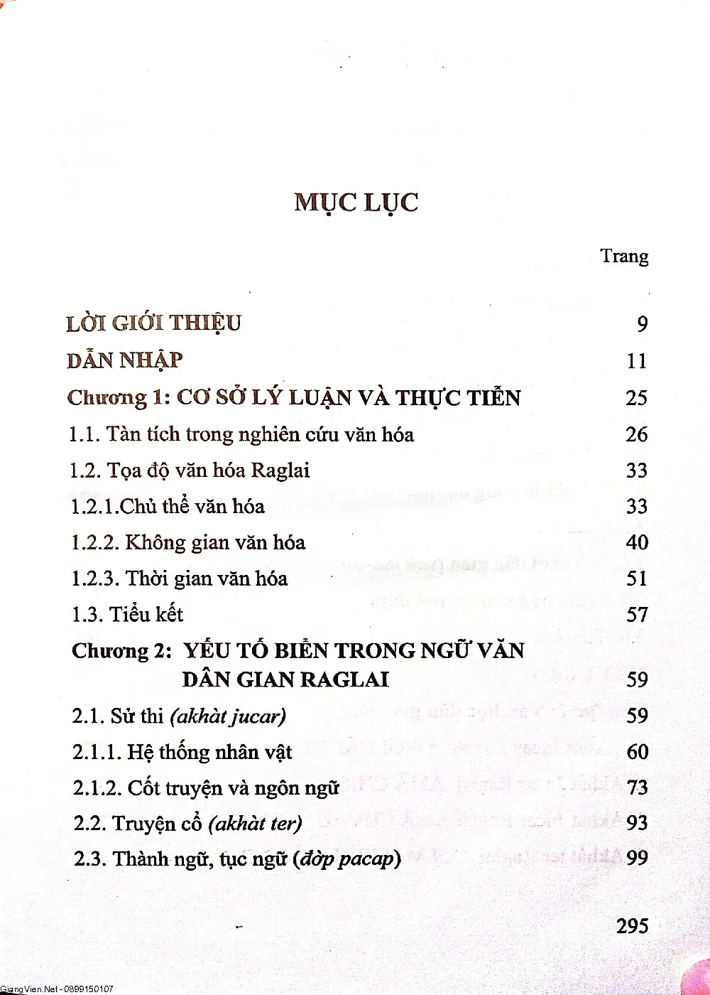 Mục lục chi tiết trang 1 sách Yếu tố trầm tích trong văn hóa Raglai