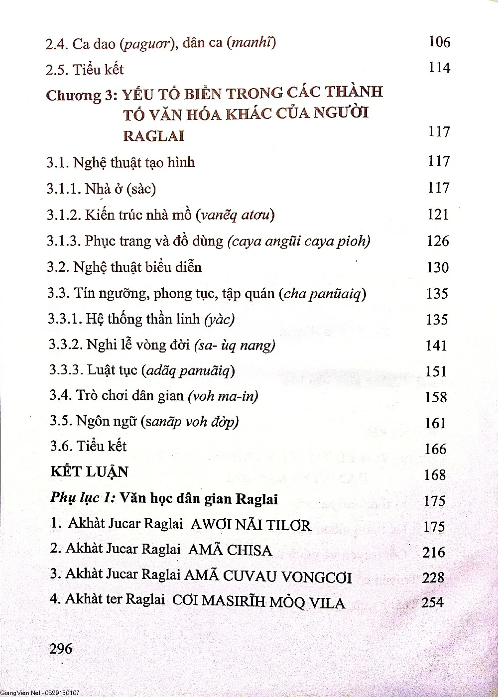 Mục lục chi tiết trang 2 sách Yếu tố trầm tích trong văn hóa Raglai
