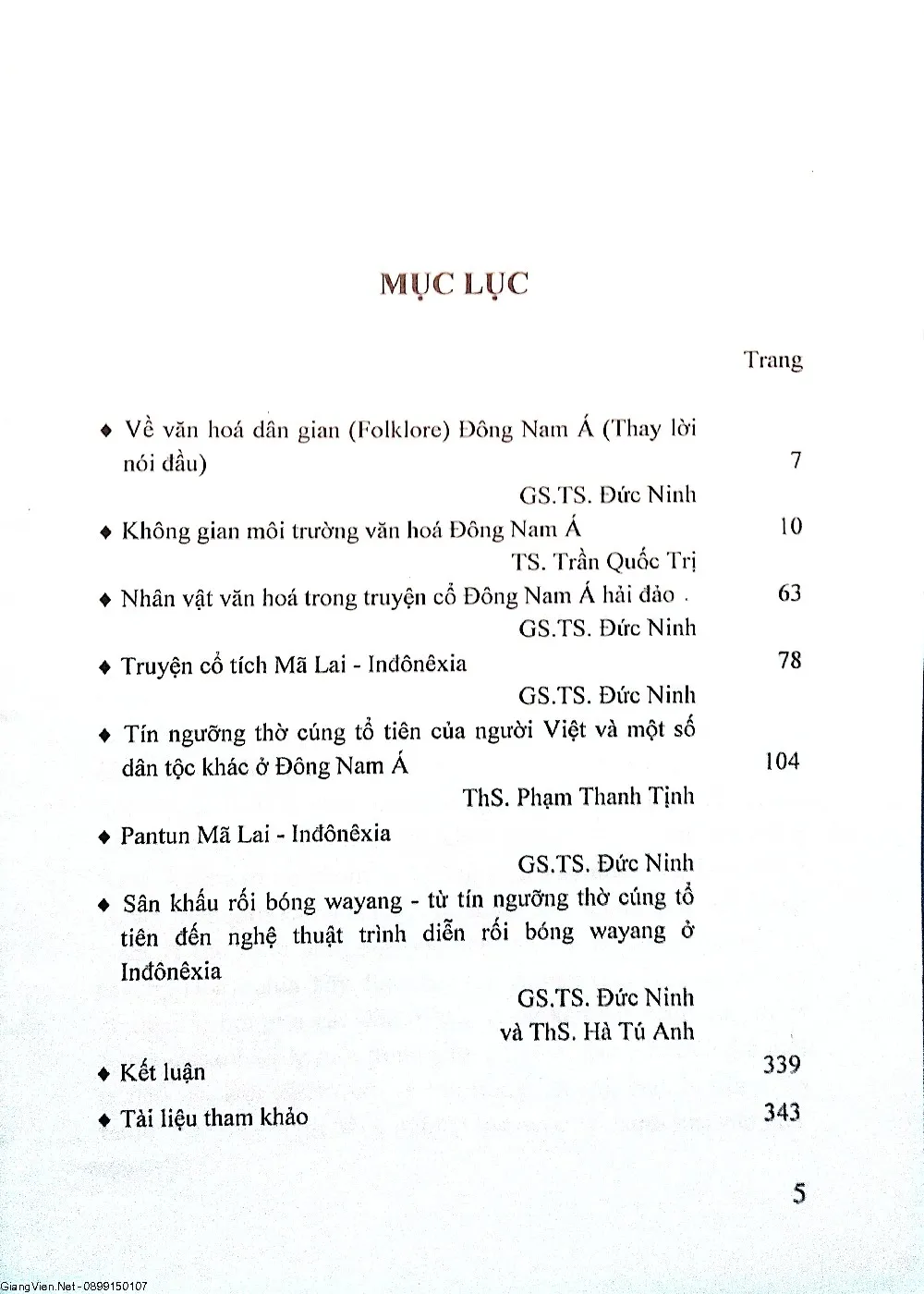 Mục lục chi tiết trang 1 sách Về một số vấn đề văn hóa dân gian Đông Nam Á