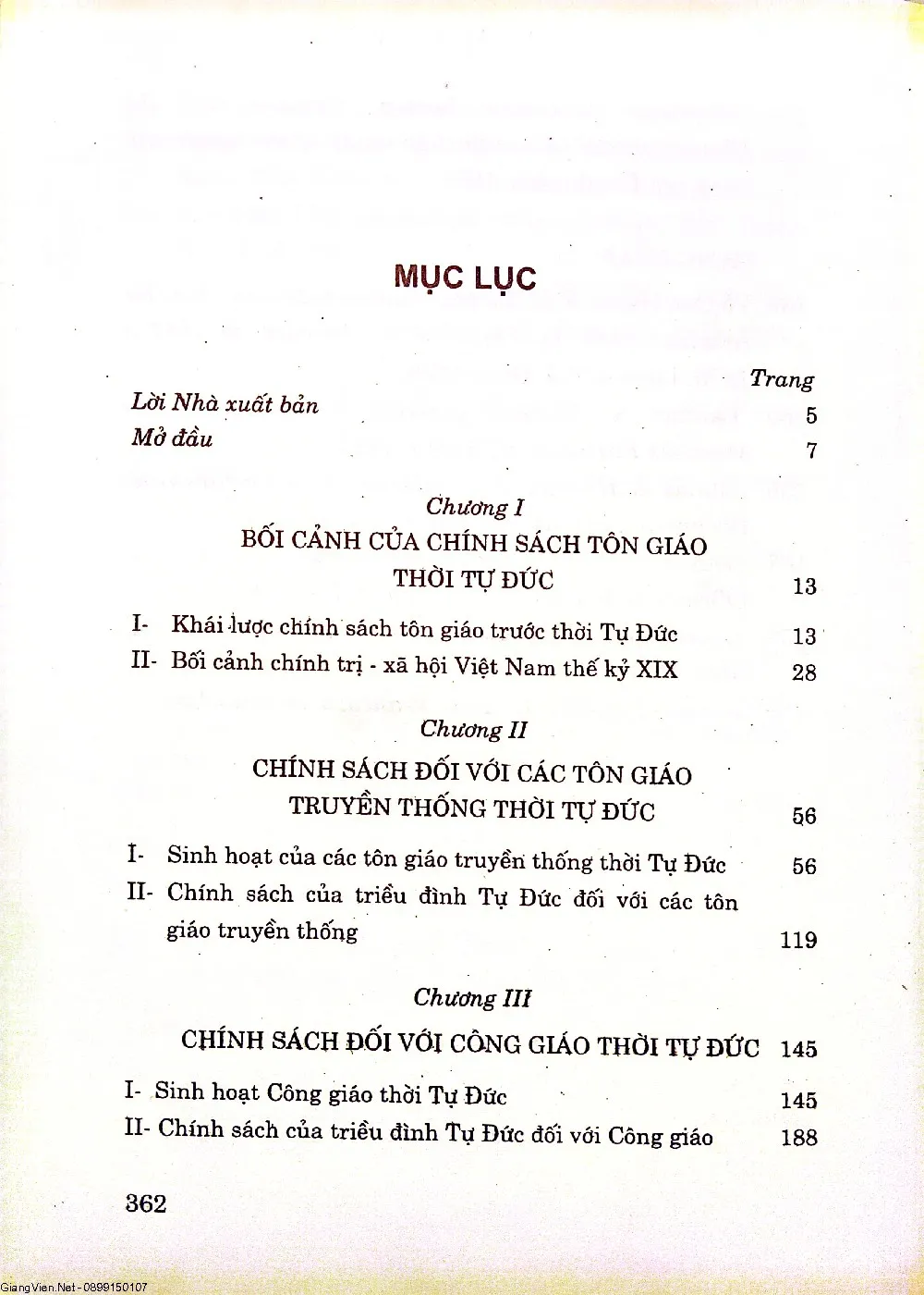 Mục lục chi tiết trang 1 sách Chính sách tôn giáo thời Tự Đức 1848 - 1883