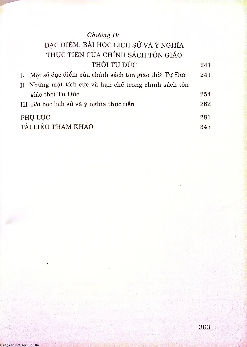 Mục lục chi tiết trang 2 sách Chính sách tôn giáo thời Tự Đức 1848 - 1883