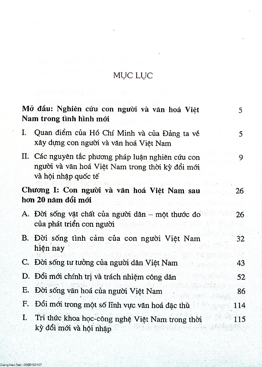 Mục lục chi tiết trang 1 sách Con người và văn hóa Việt Nam trong thời kỳ đổi mới và hội nhập