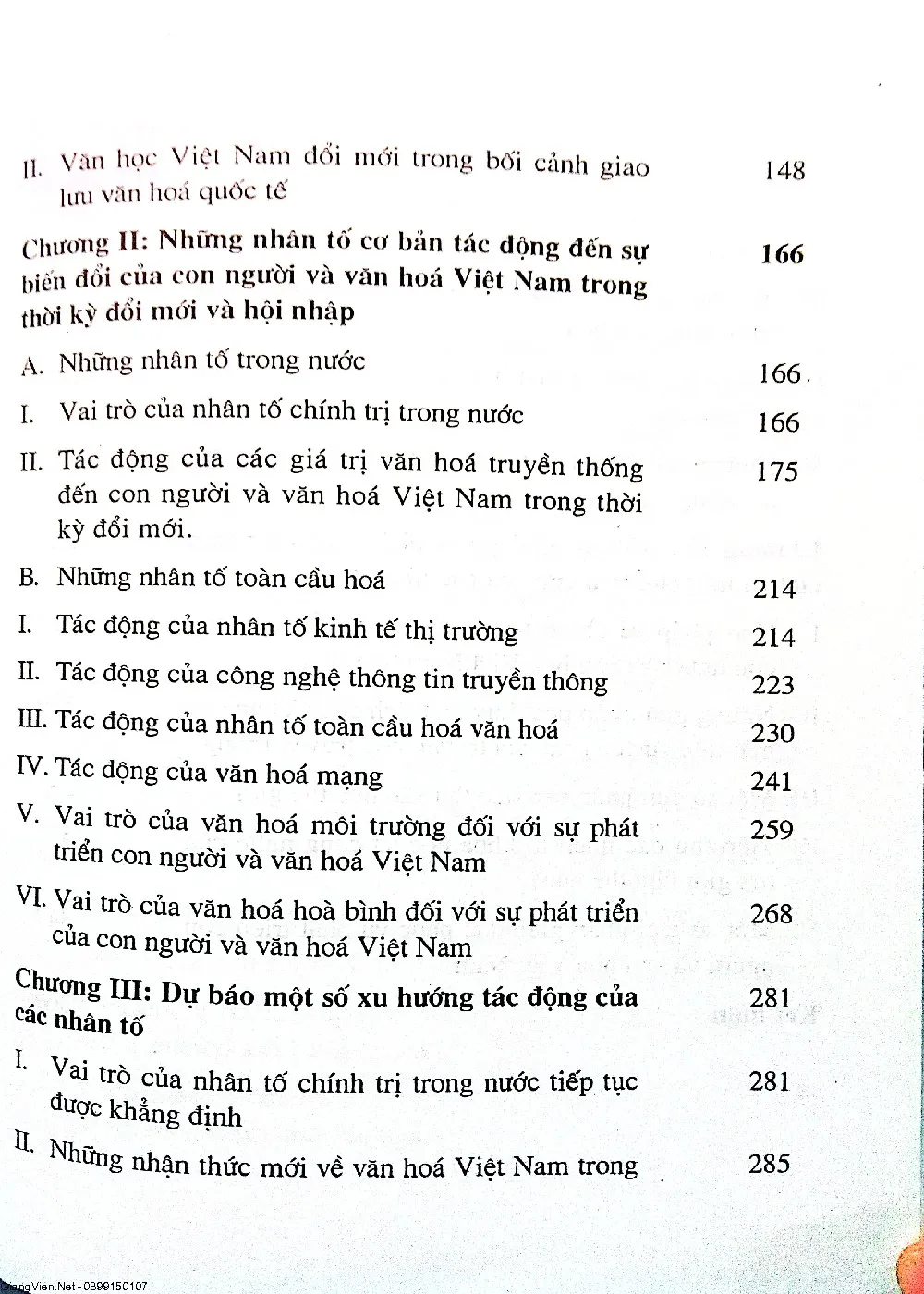 Mục lục chi tiết trang 2 sách Con người và văn hóa Việt Nam trong thời kỳ đổi mới và hội nhập