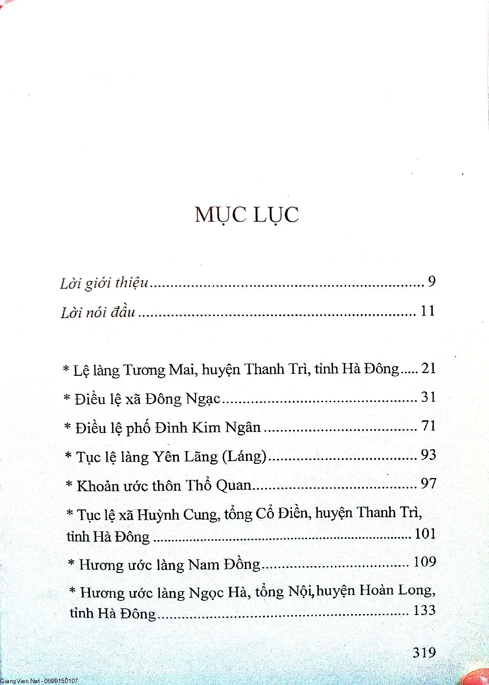 Mục lục chi tiết trang 1 sách Lệ làng Thăng Long - Hà Nội