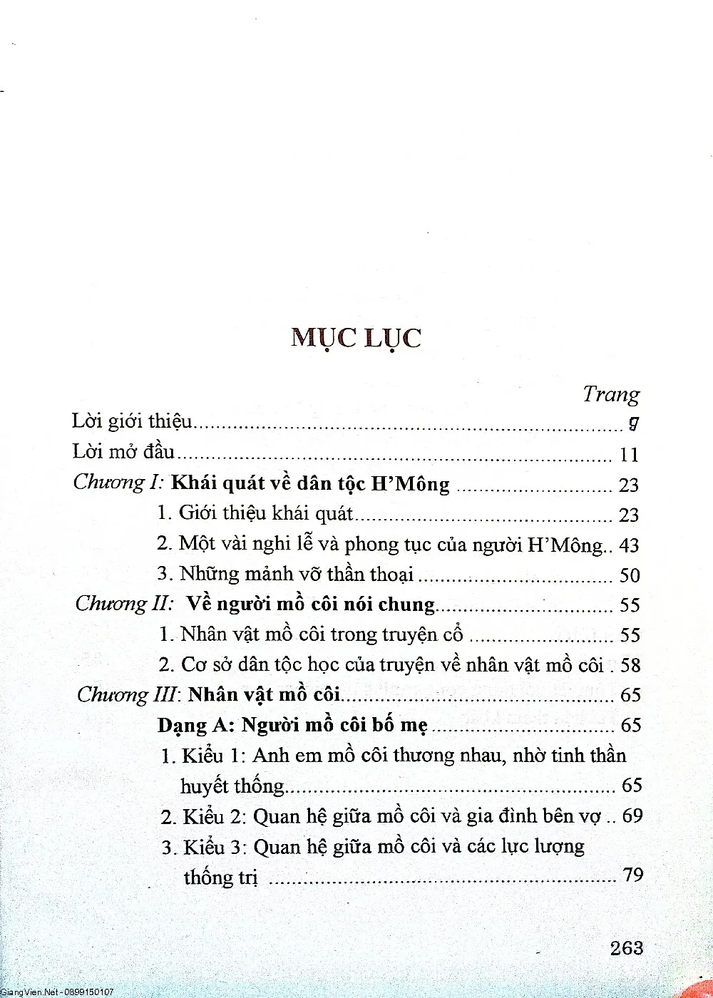 Mục lục chi tiết trang 1 sách Khảo sát nhân vật mồ côi trong truyện cổ HMông
