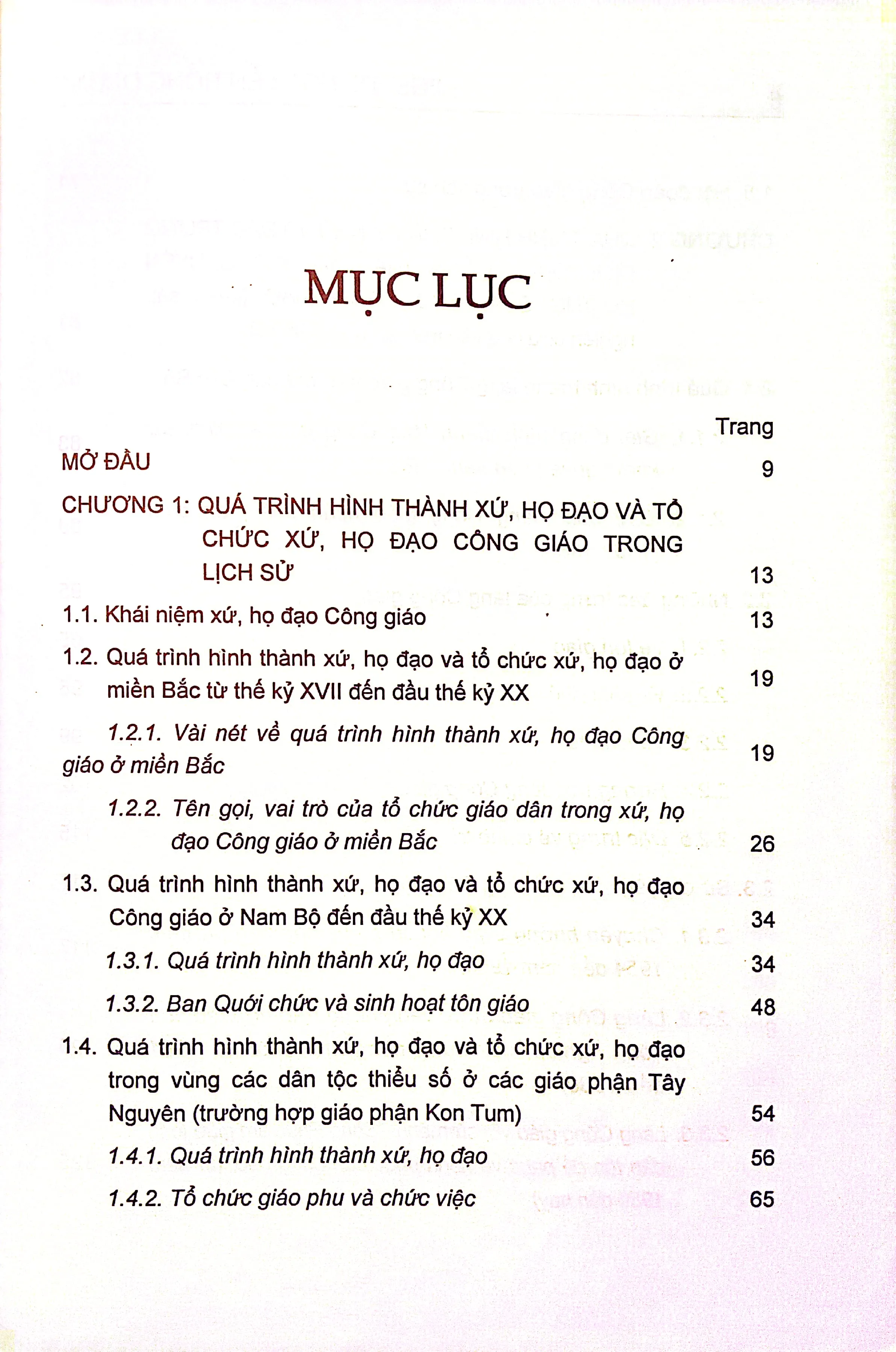 Mục lục chi tiết trang 1 sách Tổ chức xứ, họ đạo Công giáo ở Việt Nam lịch sử  - hiện tại và những vấn đề đặt ra