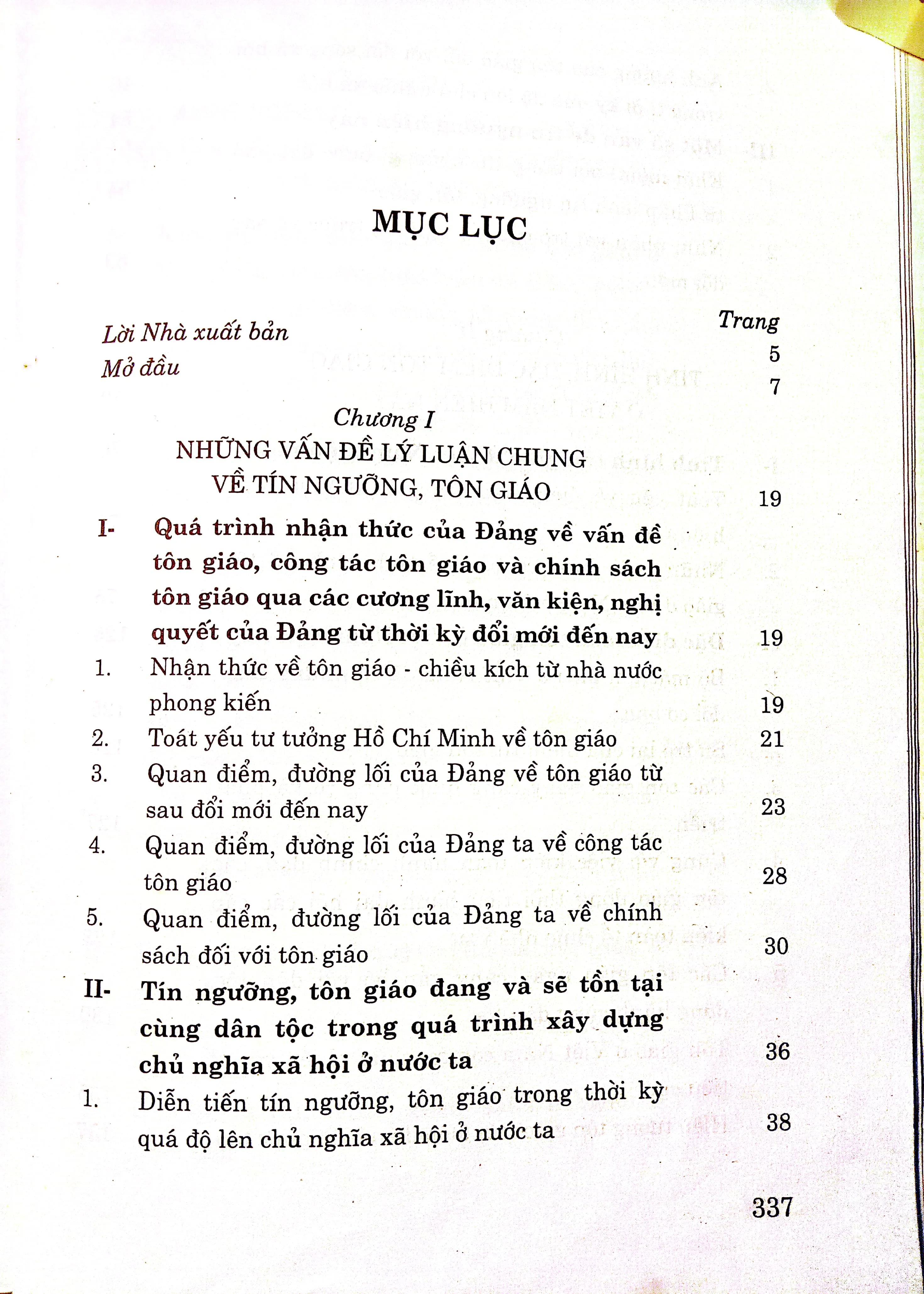 Mục lục chi tiết trang 1 sách Quan điểm đường lối của Đảng về tôn giáo và những vấn đề tôn giáo ở Việt Nam hiện nay
