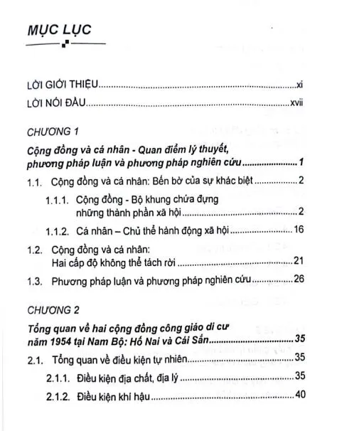 Mục lục chi tiết trang 1 sách Cấu hình xã hội cộng đồng Công giáo Bắc di cư tại Nam Bộ từ kích thước cộng đồng đến kích thước cá nhân