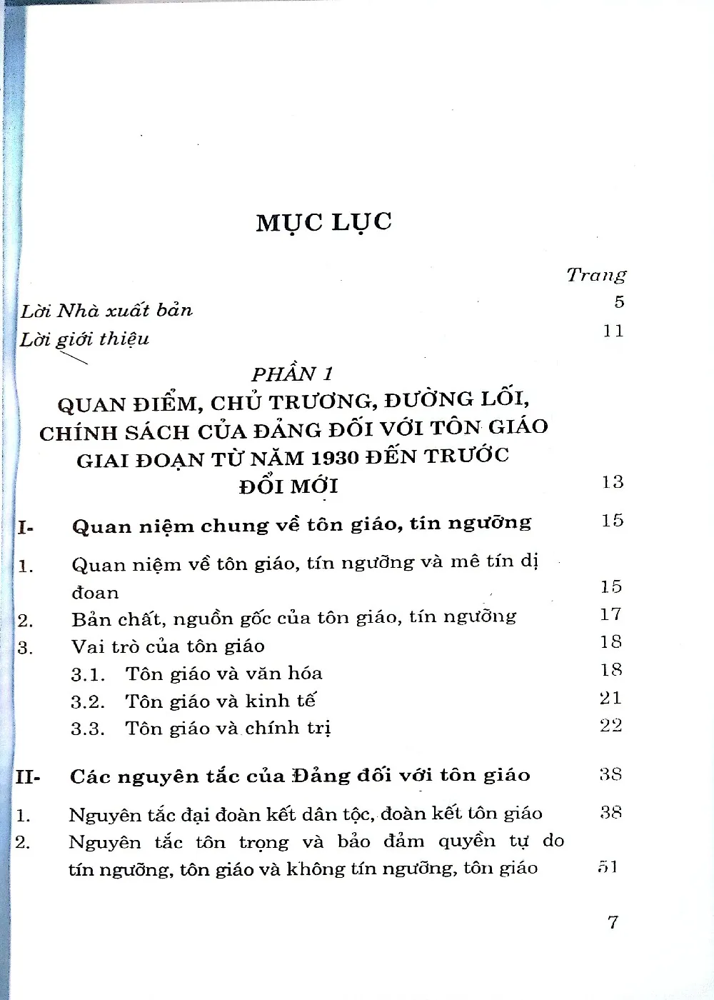Mục lục chi tiết trang 1 sách Một số quan điểm của Đảng và Nhà nước Việt Nam về tôn giáo
