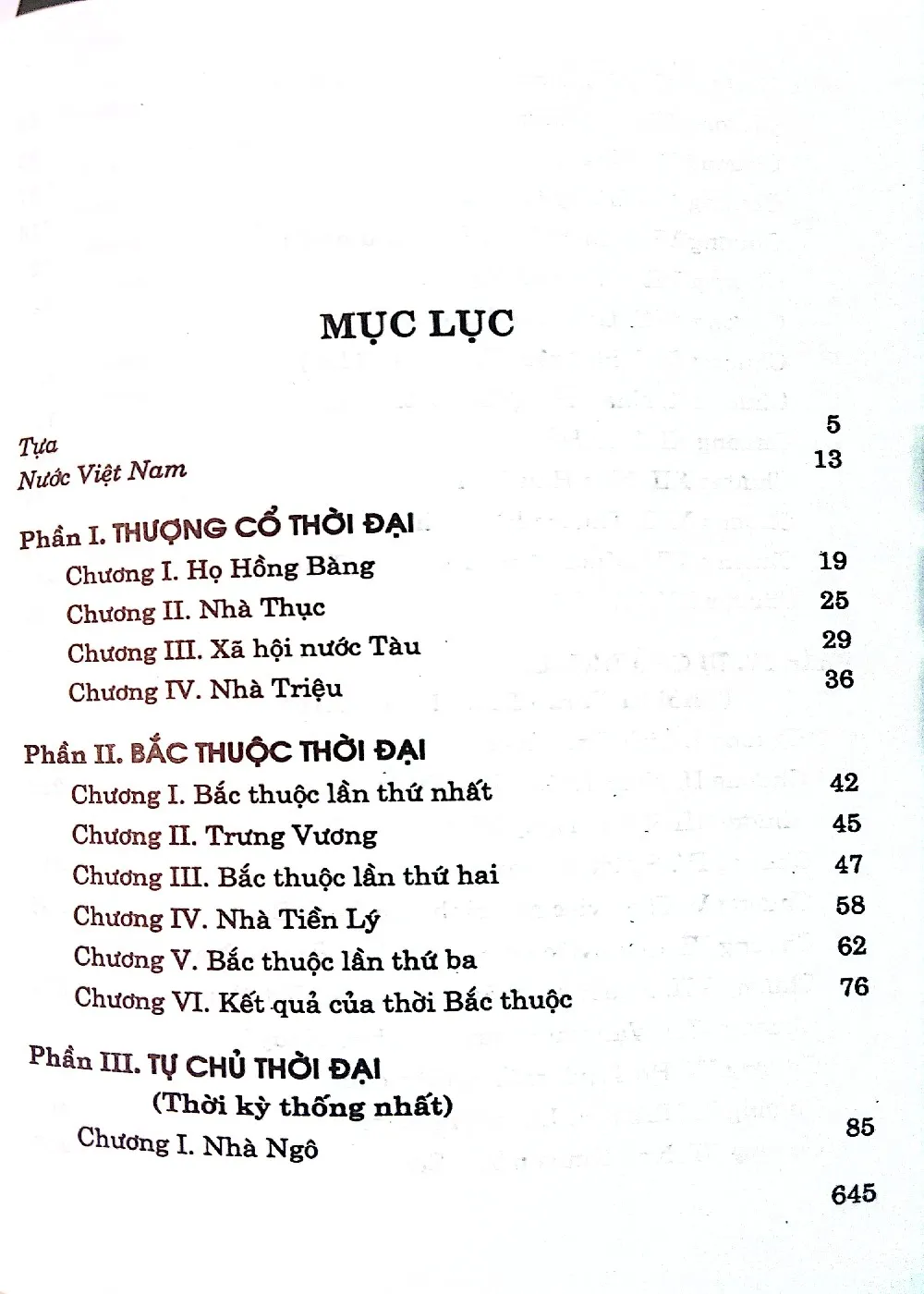 Mục lục chi tiết trang 1 sách Việt Nam sử lược