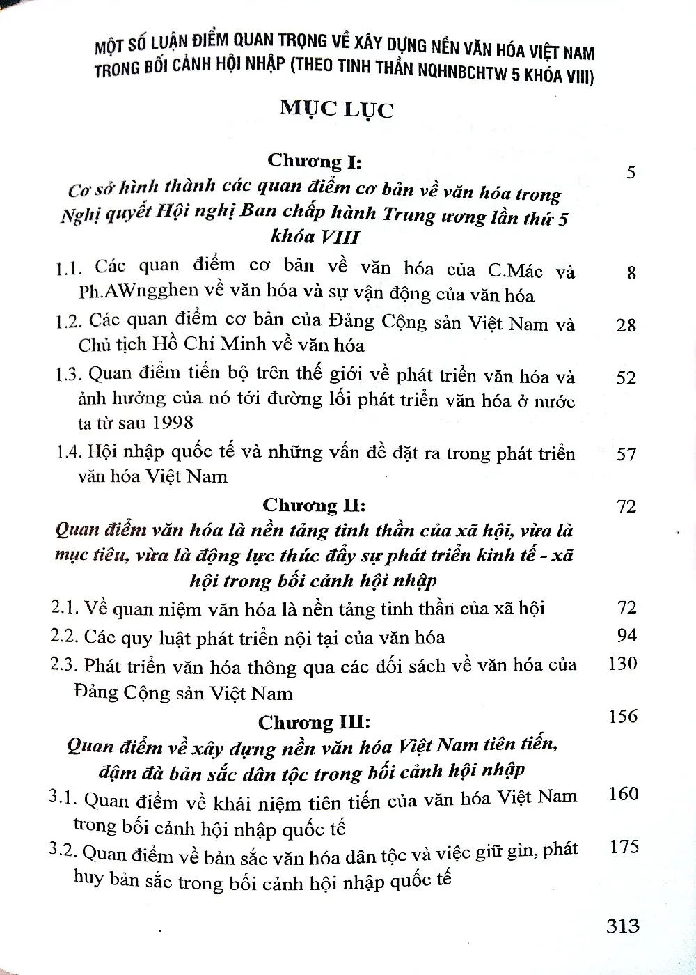 Mục lục chi tiết trang 1 sách Một số luận điểm quan trọng về xây dựng nền văn hóa Việt Nam trong bối cảnh hội nhập (Theo tinh thần Nghị quyết Hội nghị Ban chấp hành Trung ương khóa VIII)