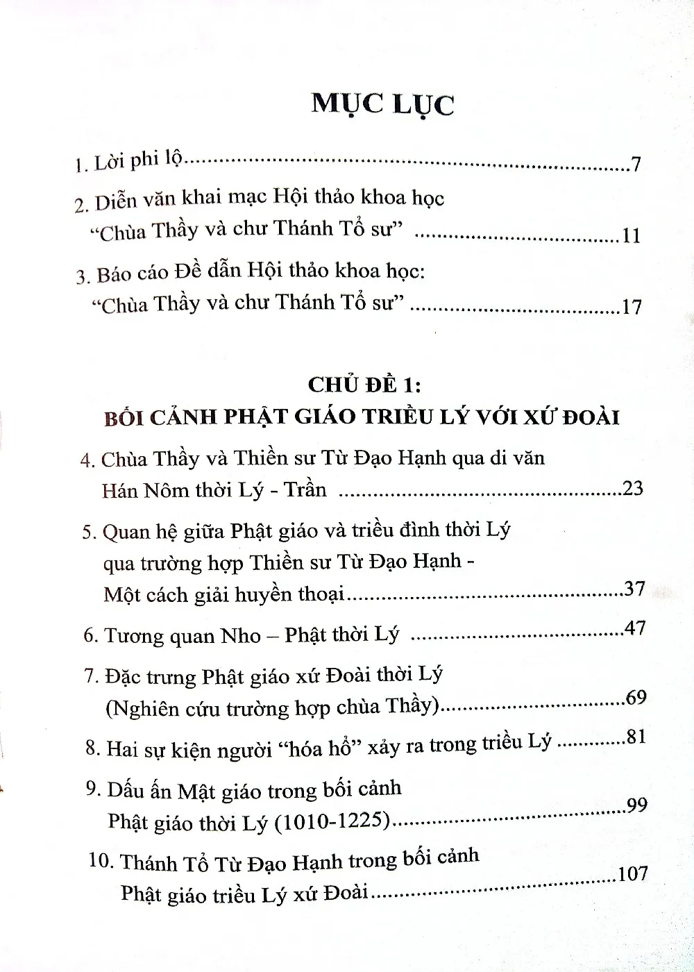 Mục lục chi tiết trang 1 sách Kỷ yếu hội thảo Chùa Thầy và Chư Thánh Tổ Sư