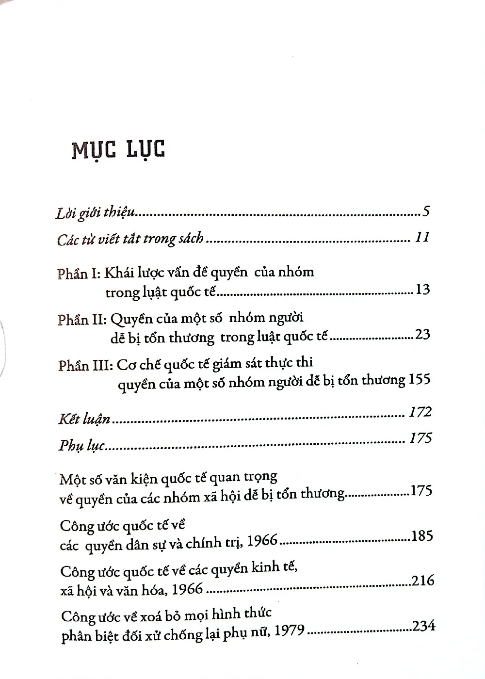 Mục lục chi tiết trang 1 sách Luật quốc tế về quyền của các nhóm người dễ bị tổn thương