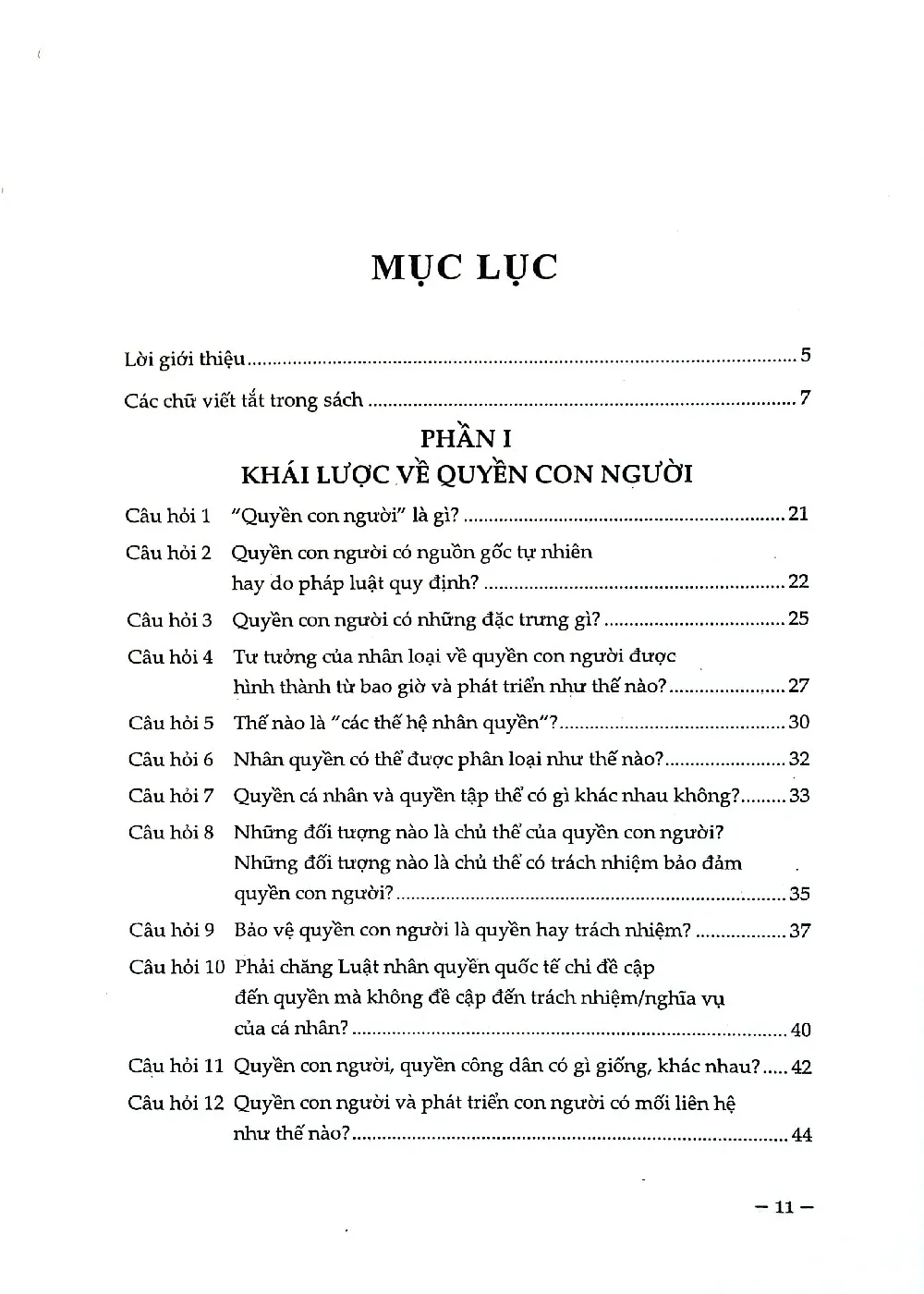 Mục lục chi tiết trang 1 sách Hỏi đáp về quyền con người