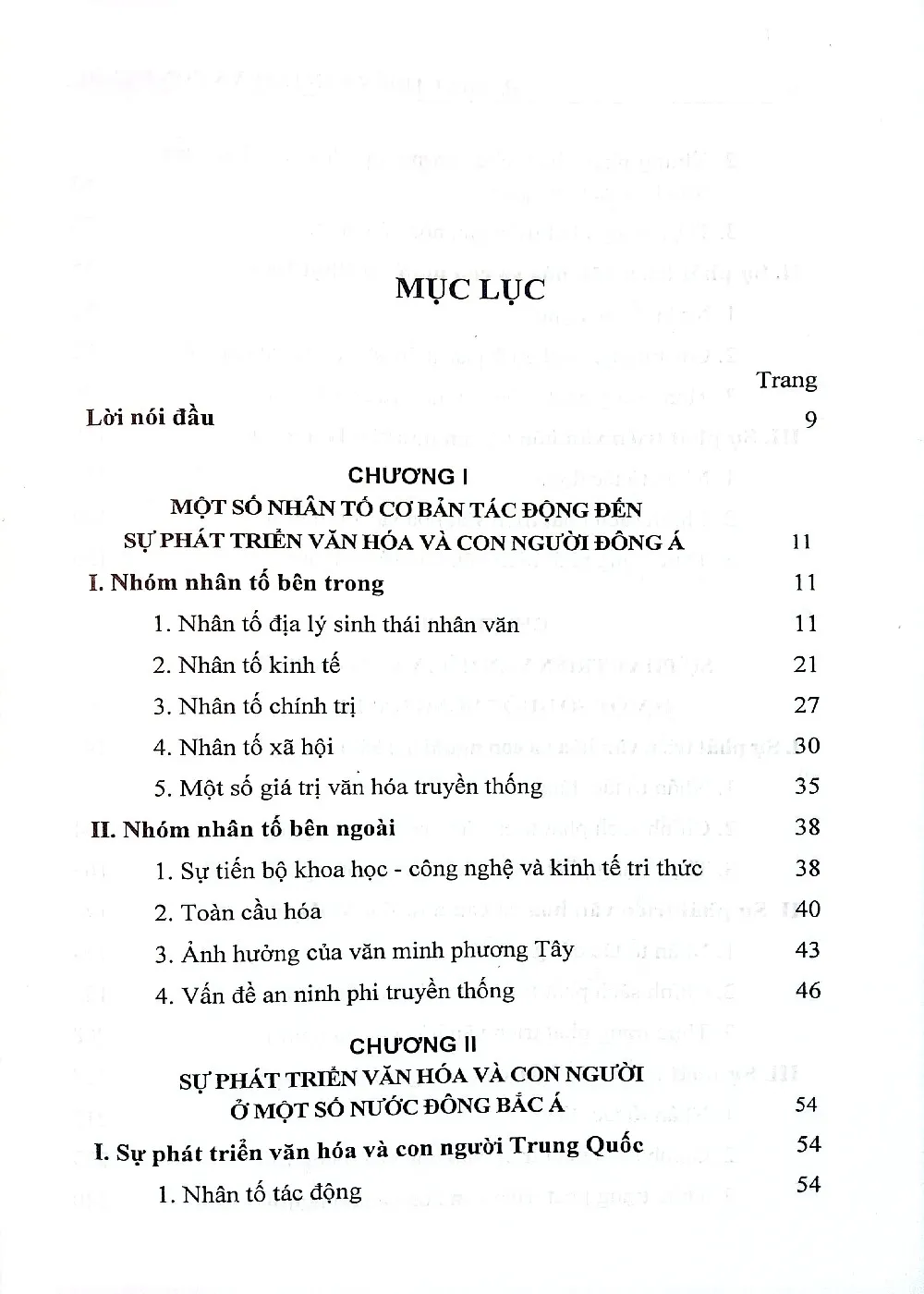 Mục lục chi tiết trang 1 sách Sự phát triển văn hóa và con người ở một số nước và vùng lãnh thổ Đông Á, bài học kinh nghiệm cho Việt Nam