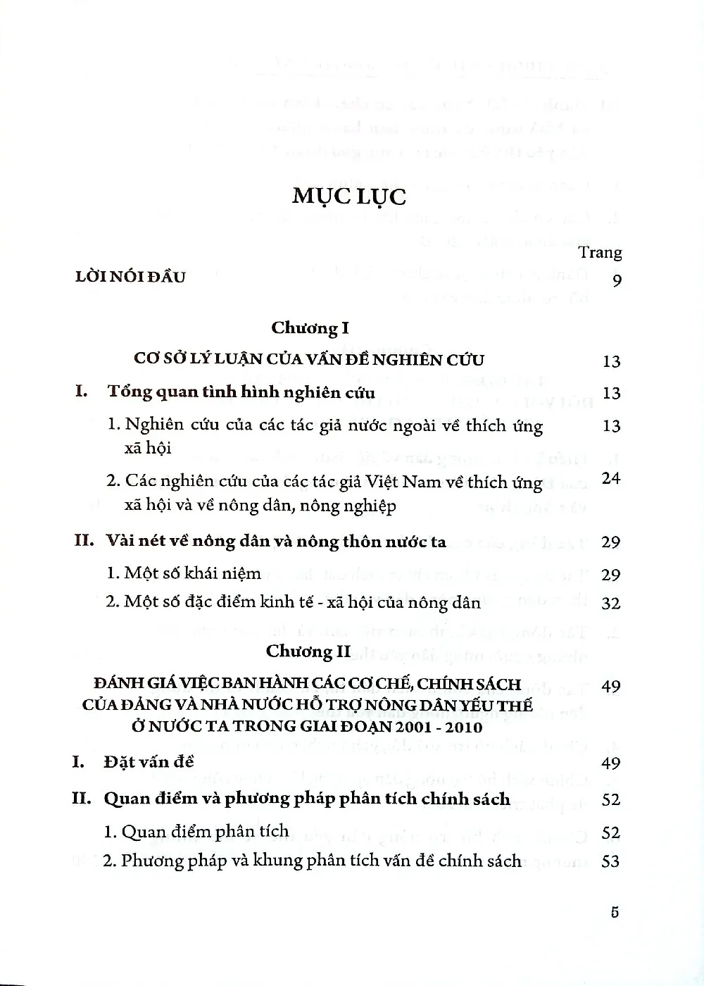 Mục lục chi tiết trang 1 sách Cơ chế, chính hỗ trợ nông dân yếu thế trong quá trình chuyển sang kinh tế thị trường