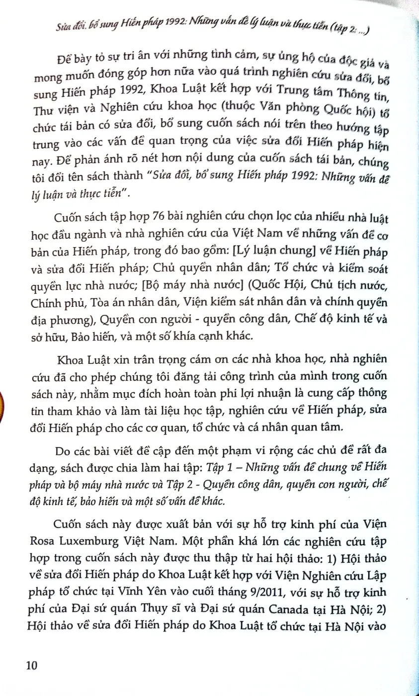 Nội dung mục lục và hình ảnh sách Sửa đổi, bổ sung Hiến pháp 1992 những vấn đề lý luận và thực tiễn. Tập II Quyền con người, quyền công dân, chế độ kinh tế, bảo hiến và một số vấn đề khác - Trang 6