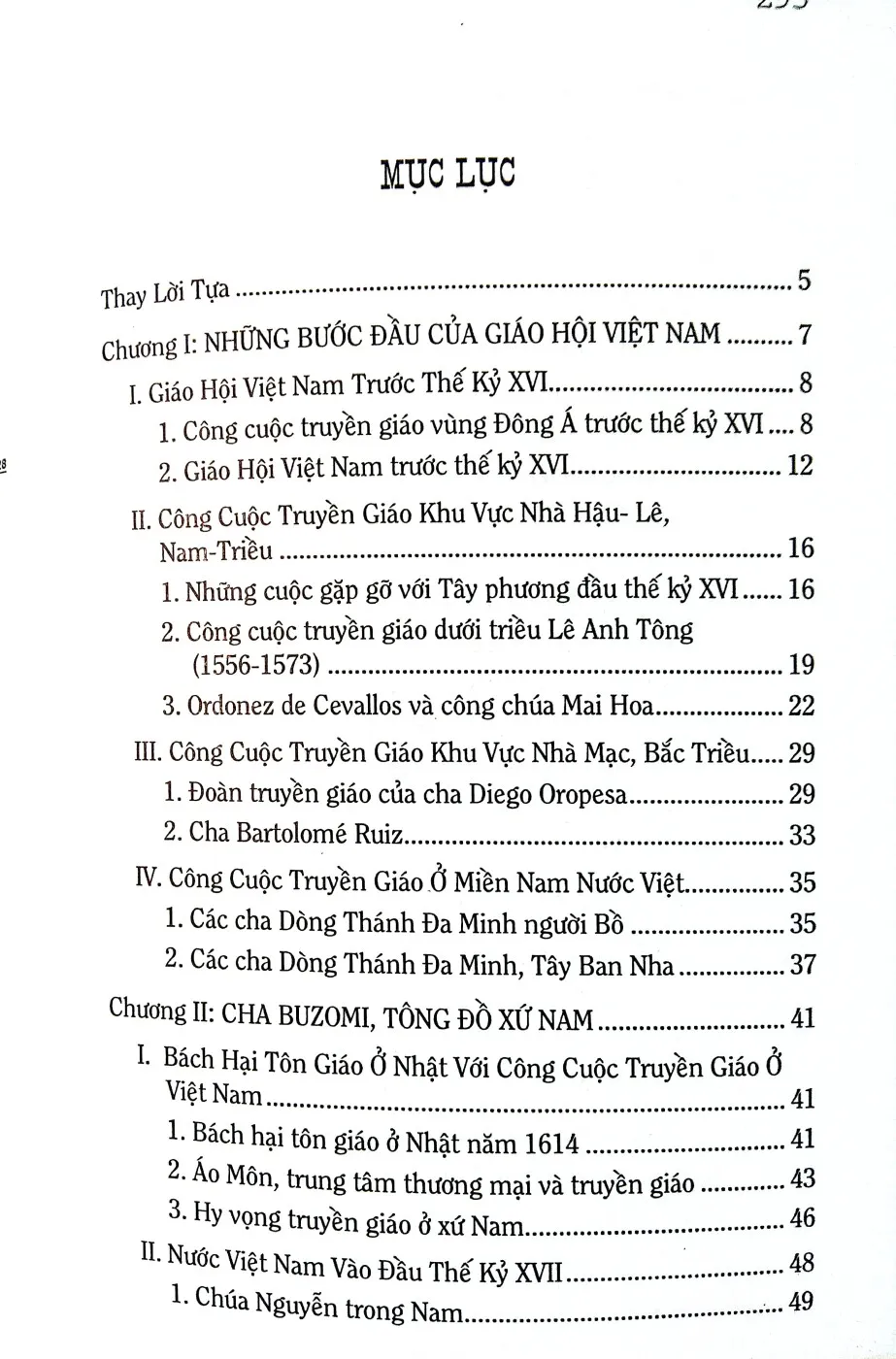 Mục lục chi tiết trang 1 sách Lịch sử truyền giáo ở Việt Nam quyển I, Các thừa sai dòng Tên