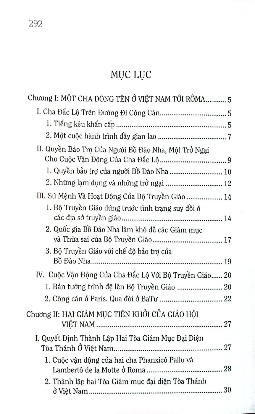 Mục lục chi tiết trang 1 sách Lịch sử truyền giáo ở Việt Nam quyển II, Các thừa sai dòng Tên