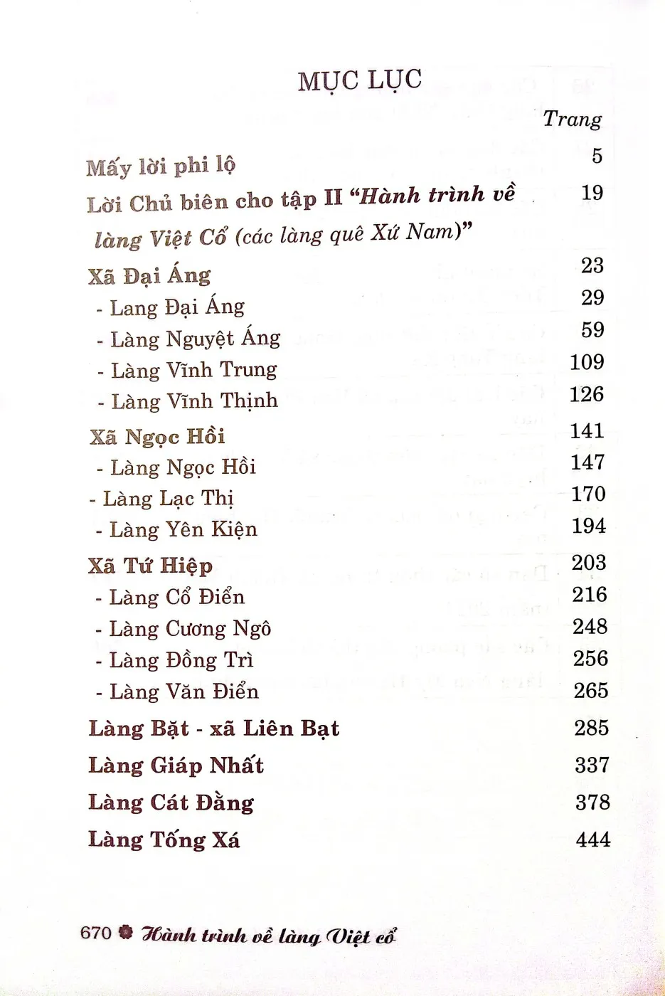 Mục lục chi tiết trang 1 sách Hành trình về làng Việt cổ tập II các làng quê xứ Nam