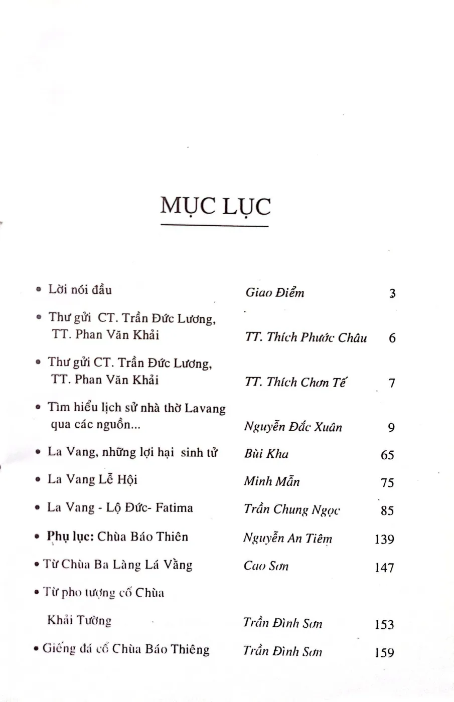 Mục lục chi tiết trang 1 sách La Vang giáo sử