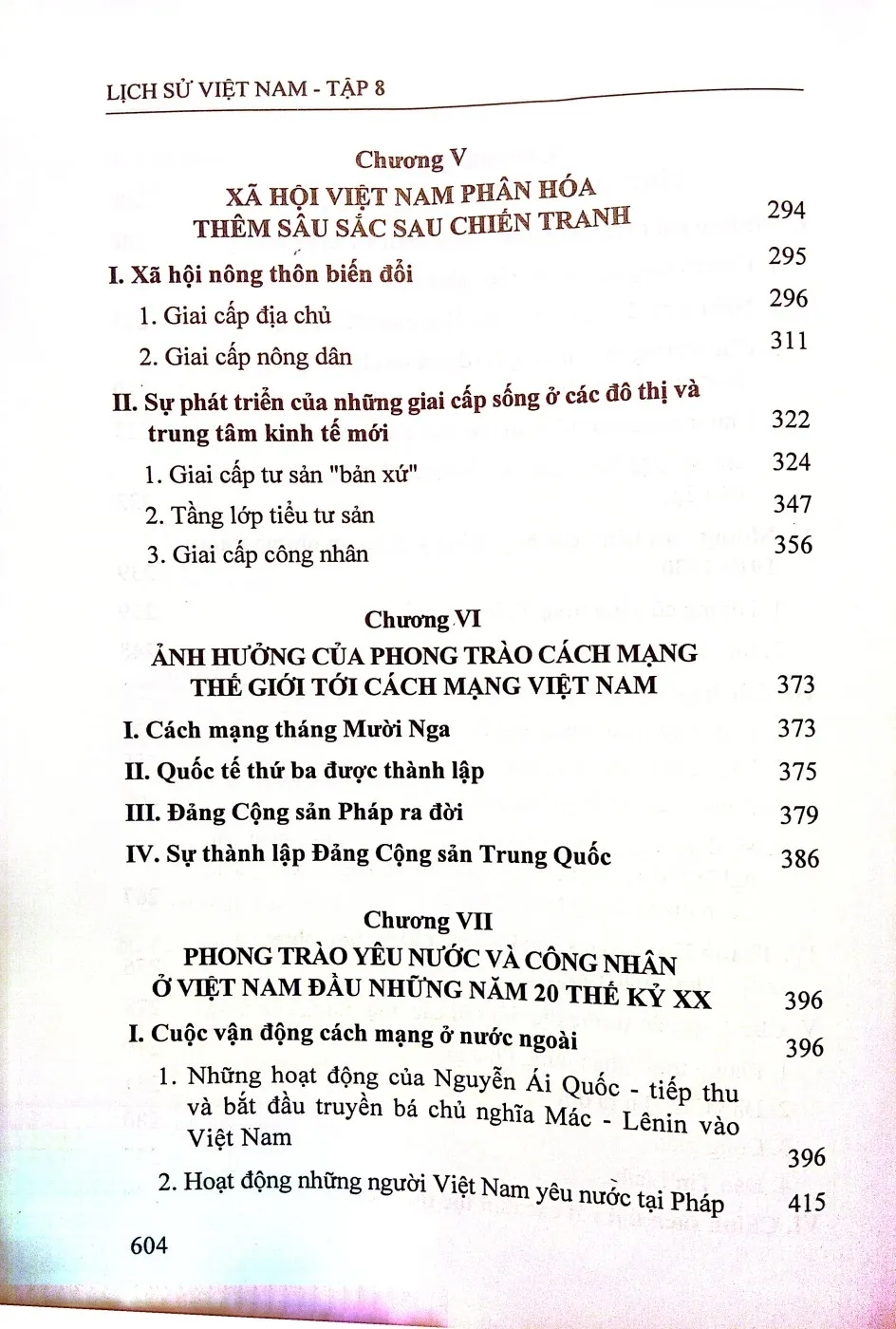 Nội dung trang phụ bản giới thiệu sách Lịch sử Việt Nam tập 8, từ thế kỷ 1919 đến thế kỷ 1930
