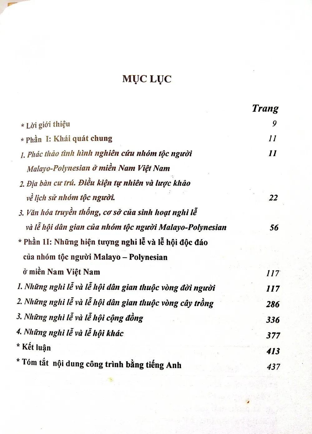 Mục lục chi tiết trang 1 sách Nghi lễ và lễ hội của các tộc người thuộc nhóm Malayo - Polynesian ở Việt Nam